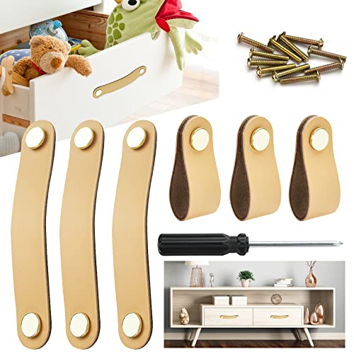 QUCUMER 6 Pcs Tiradores Cuero para Muebles Tiradores Cajon Tiradores de Piel para Armarios Tiradores Decorativos para Muebles de Cocina Cajones Puerta + 12 Tornillos 1 Destornillador Dos Formas de Uso Cover