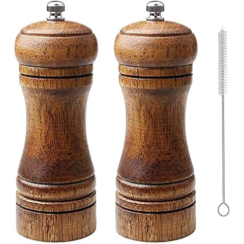 Premium Wooden Salt Pepper Grinder Set,Wooden Salt and Pepper Shakers Adjustable Coarseness Ceramic Grinder and Pepper Mill with Cleaning Brush, 5 inches (2 Pieces) Cover