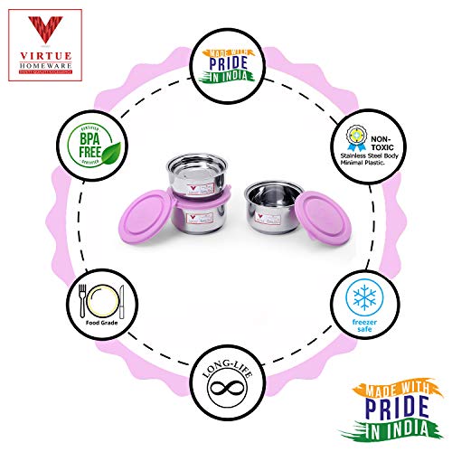 Image of Stainless Steel 3 Container Lunch Box Set |2 Containers 350ml Each & 1 Container 280 ml with Spoon and Bag|Dishwasher Safe|Air Tight Tiffin with Pink lid |Office Travel Picnic School