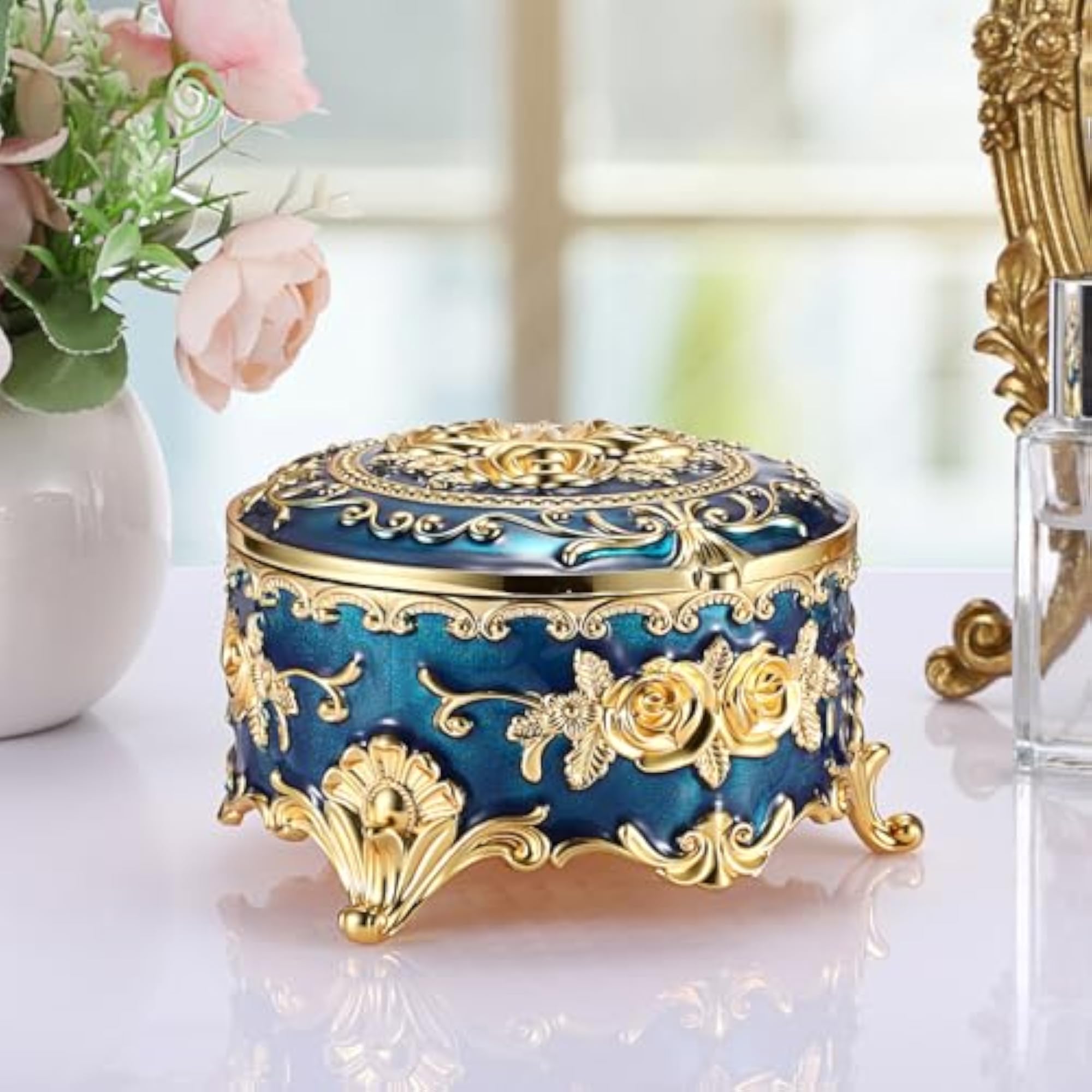 Vintage Metal Jewelry Box, Round Trinket Organizer
