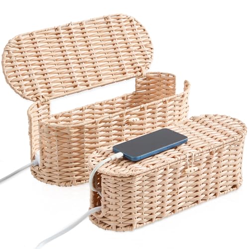 FairyHaus Cable Management Box 2Pack Cream, Handwoven Large and Small Cable Organizer Box Cover to Hide Cords and Power Strip, Imitation Wicker Cord Organizer Box Hider for Office Desk and Floor