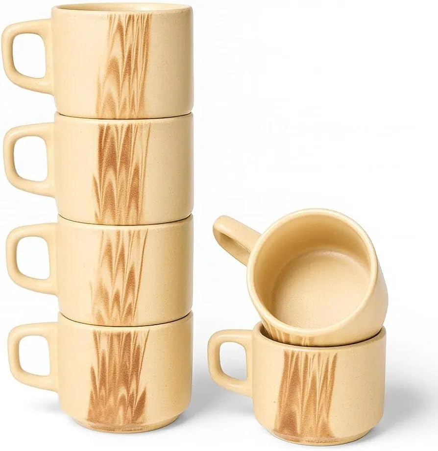 Image of Premium Handmade Ceramic Coffee Mug Set of 6, Rustic Beige Tea Cups with Handle, Stackable Stoneware Cups for Tea Coffee Espresso Cappuccino, Microwave & Dishwasher Safe, Aesthetic Kitchen Drinkware