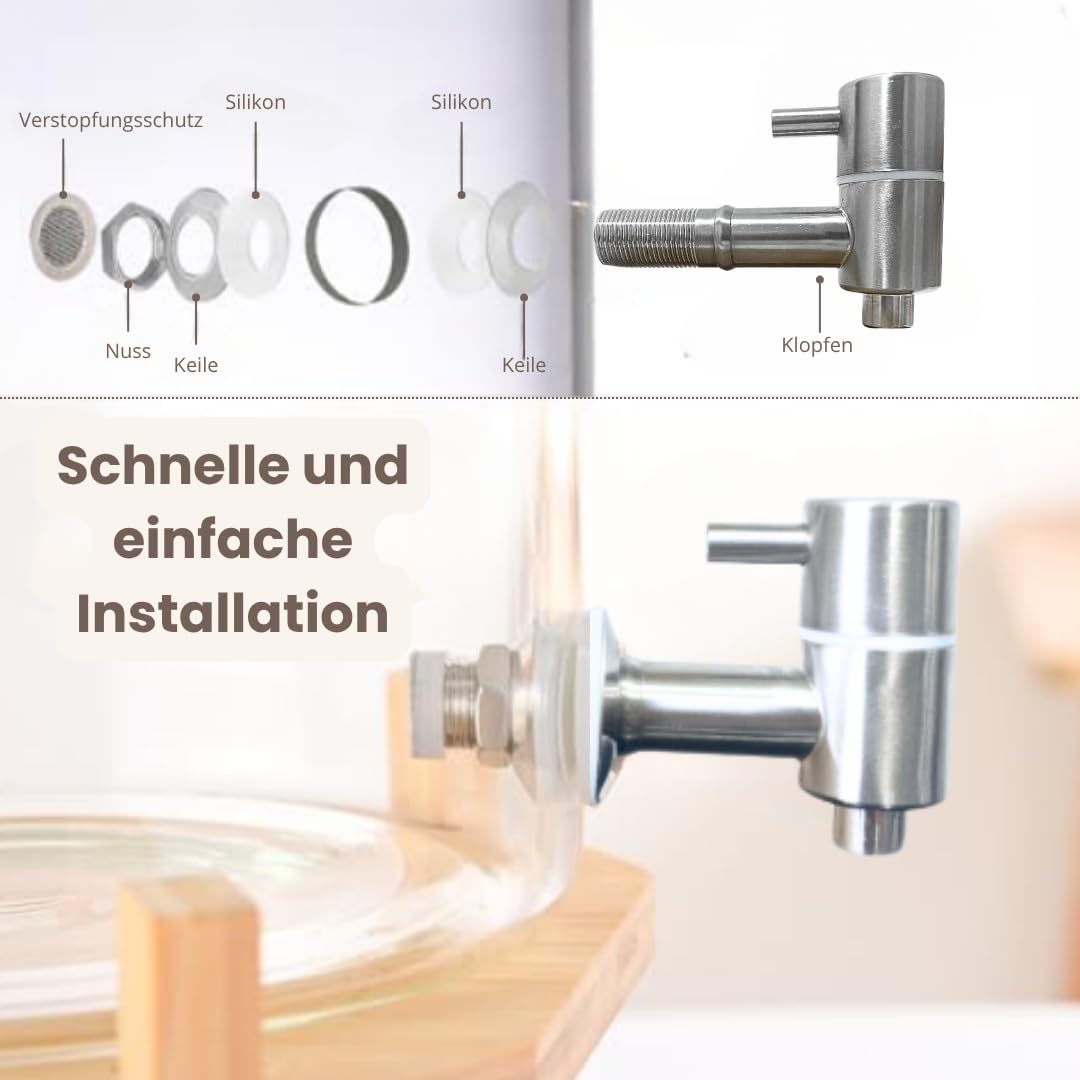 Getränkespender aus Glas mit Hahn, therapeutischen Steinen, Deckel und Ständer aus Bambusholz, inklusive Filter zum Mischen im Innenbereich, 5 Liter