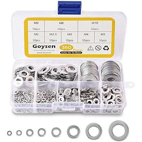Goysen Stainless Steel Flat Washers, 360PCS Assorted Flat Metal Washers with Plastic Compartment Container - 8 Different Sizes (M2 M2.5 M3 M4 M5 M6 M8 M10) for Home, Automotive & Shop Use Cover