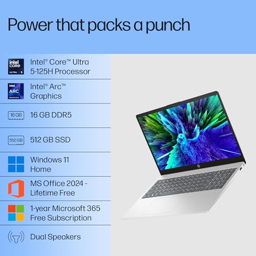 Image of HP 15, Intel Core Ultra 5 125H Laptop (16GB DDR5,512GB SSD) IPS, Anti-Glare, Micro-Edge, 15.6'' /39.6cm, FHD, Win11,M365 Basic(1yr),Office Home24,Silver,1.65kg, FHD Camera w /Shutter, FPR, hr1000TU