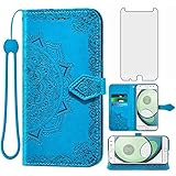 Compatible with Moto Z Play Wallet Case and Tempered Glass Screen Protector Leather Mandala Flower Flip Cover Credit Card Holder Stand Cell Phone Cases for Motorola ZPlay MotoZPlay Droid Women Blue