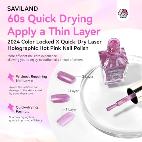 Image of SAVILAND Holographic Nail Polish Pink: Metallic Chrome Nail Polish Air Dry Fast,10 ml /0.34 oz High Glossy Shimmer Glitter Nail Pigment Oil-based Fingernail Polish for Salon DIY Home for Women