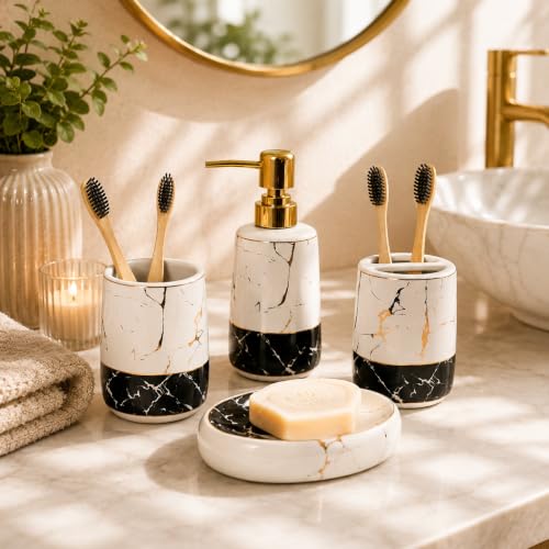 Image of Market99 Ceramic Bathroom Set Glossy White and Black with Sophisticated Marble Finish Design, Includes Soap Dispenser, Tumbler, Toothbrush Holder, and Soap Dish for Coordinated Bathroom Style, 300ML