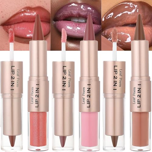 Image of BAISEN DIARY 3 Pcs Double-Ended Matte Lip Liner & Lip Gloss Duo, Caramel Brown Nude, Peach Nude, Mauve Rose Ombre Lip Combo Pencil, Lip Liner and Lipstick Gloss Set for Defined & Fuller Looking Lips