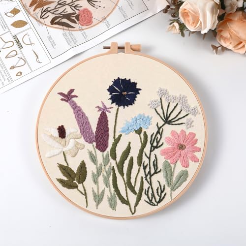 Image of 4 Sets Embroidery Kit for Beginners with Instructions Adults-Cross Stitch Kits for Beginner, Including Printed Embroidery Cloth with flower Patterns, Plastic Embroidery Rings, Colored Threads, Needles