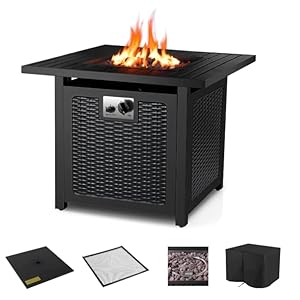 Gas Feuerstelle, 28″ Feuertisch mit wasserfester Schutzhülle &Lavasteinen, 72.5 * 72.5 * 67.5 cm, 14.5 kW, Gaskamin Garten, inkl. Tischplatte & Schutzgitter, Gasfeuerstelle Outdoor
