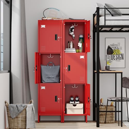 Image of Aobabo 16 inch W 3 Door Metal Storage Locker with Lock, 66 inch H Steel Locker with Name Card Holder and Metal Hook for School, Home, Office, Playroom, Assembly Required, Red