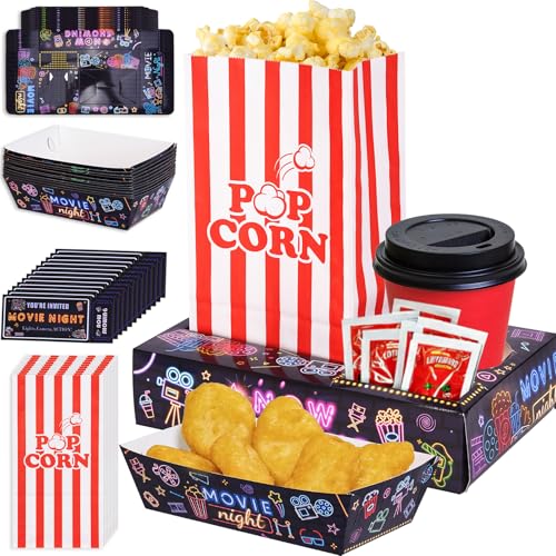 Nexhyp 48PCS Movie Night Accessories Snack Tray Set - Recyclable Reusable Red Popcorn Boxes Bags Reusable Cardboard Trays Movie Ticket Cards for Home Cinema Nights and Themed Parties