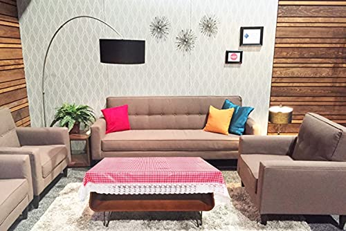 Image of The Furnishing Tree Waterproof PVC Rectangle Shaped 2 Seater Table Cover WxL 45x70 inches Pin Check Pattern Pink with White Border lace