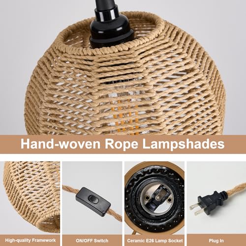 Image of 3 Lights Plug in Pendant Light with Cord On /Off Switch | Rattan Hanging Lamp with 22ft Hand Woven Wicker Plug in Chandelier Boho Hanging Lights Fixture