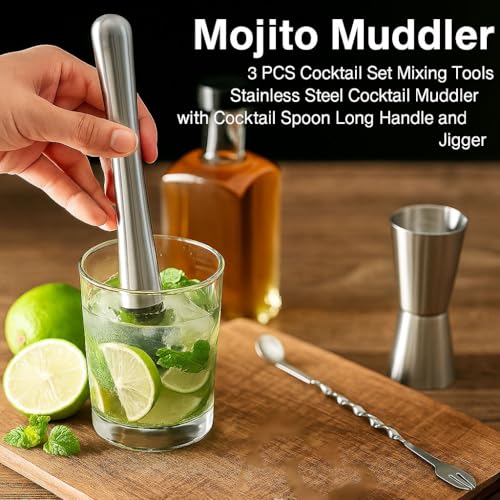 Image of finality Mojito Muddler Bar Tool Set, 3 PCS Cocktail Set Mixing Tools Stainless Steel Cocktail Muddler with Cocktail Spoon Long Handle and Jigger for Mojitos Fruit Drinks (Fork Spoon Set)