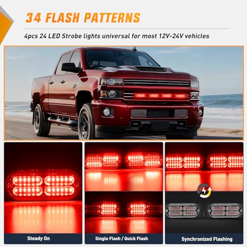 Image of Nilight 4PCS 24LED Red Strobe Light 12V /24V Grille Surface Mount | Hazard Safety Warning Light with Sync Feature for Car Truck Camper Side Marker Aluminum Alloy Base Emergency Lights