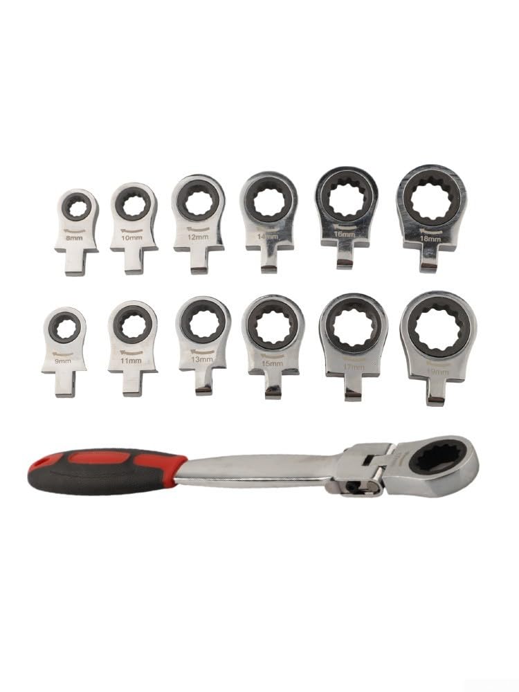 Set di 12 chiavi combinate a cricchetto con testa intercambiabile con manico in metallo, 8-19 mm, per officine meccaniche professionali