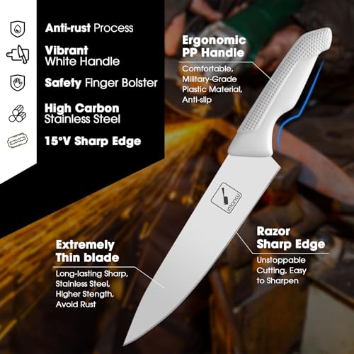 imarku Knife Set with Block, Sharp Knives Set with Built-in Sharpener, Japanese Stainless Steel Kitchen Knife Set with Non-Slip Ergonomic Handle, Dishwasher Safe, 14 PCS Best Father's Day Gift, White - Image 3