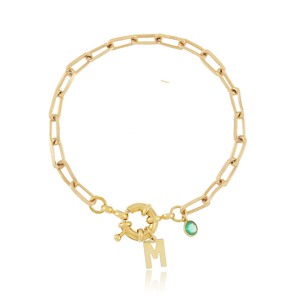 Pulsera Marinera Initials y mini stone Onix, letra inicial, cadena de eslabones diamantados, cierre resort/reasa/marinera, piedra natural, personalizado, hand made