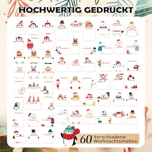 120 x Aufkleber Weihnachten - 60 Motive Weihnachtssticker zum Beschriften, selbstklebende Etiketten - Geschenkaufkleber für DIY-Geschenkanhänger - Weihnachtsetiketten