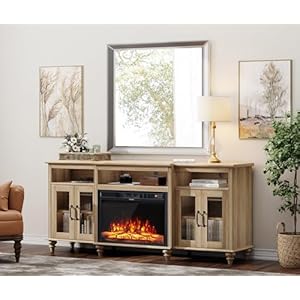 WAMPAT Farmhouse Fireplace TV Stand for 75 inch TV Highboy Entertainment Center with 26 Electric Fireplace Glass Door Cabinets Large TV Console Table with 7 Storages for Living Room Oak