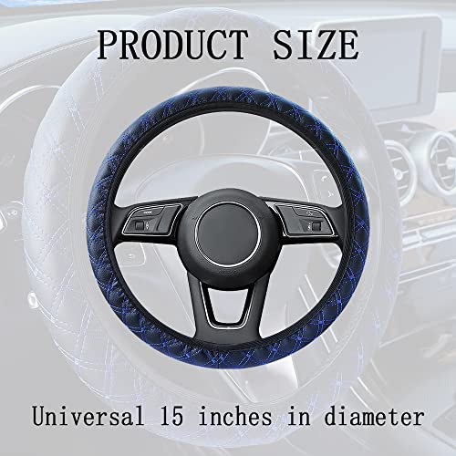 15Inch Embossed Leather Steering Wheel Cover With Diamond Stitch Aesthetic Car Decoration For Women/Men,Combines Comfort&Protection Steering Wheel Accessories (Black/Blue) #TOP1