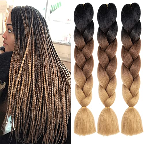 Xtrend 3Packs 3 Tone Jumbo Braiding Hair 24 Inch Synthetic Afro Braiding Hair Extensions for Box Braids and Twist Crochet Braid Hair (3Packs