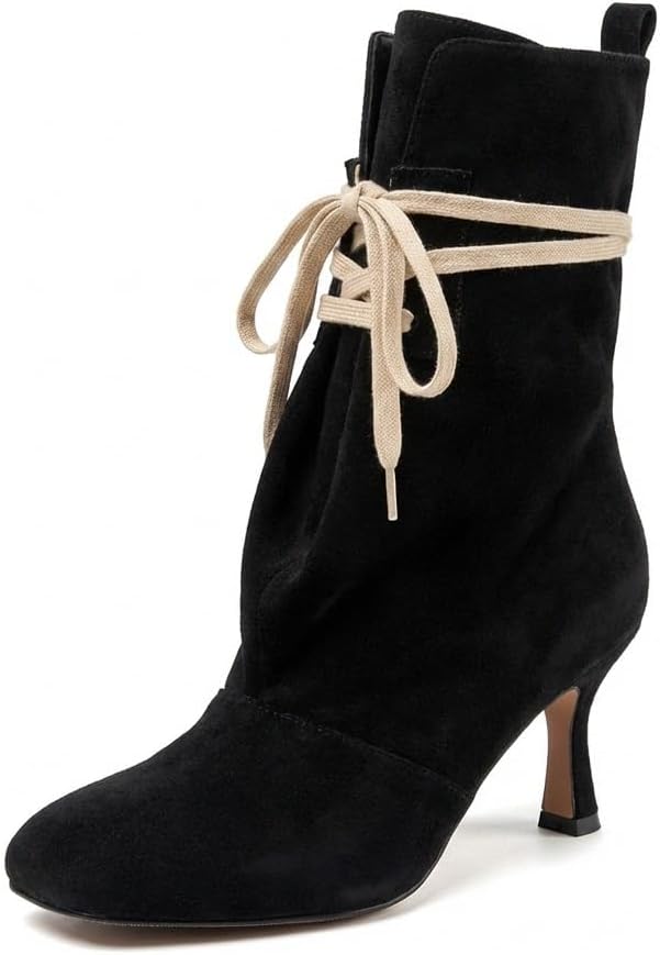 Women's Mid-Calf Boots Square Toe Stiletto Heel Lace Up, Slouch Stacked Suede Riding Boots for Women, Elegant Tall Boots US Size
