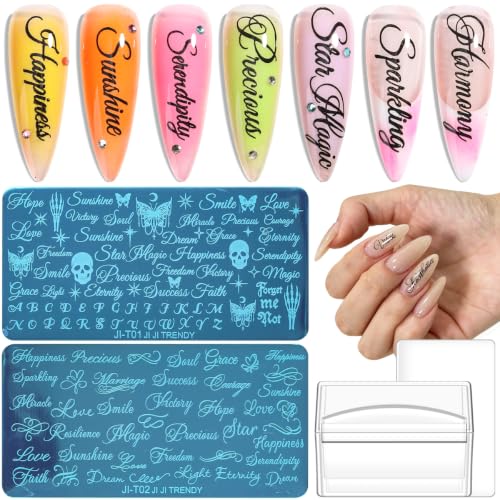 Fcozpjk Nail Stamping Plate Kit, 2PCS Old English Stamping Plates with Clear Nail Stamper Retro Initial Letters Alphabet Cursive Design Butterfly Skulls Stamp Template Manicure Stencil Salon Supplies