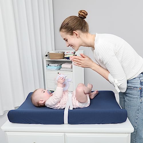 Image of Changing Pad Cover Set in Soft Jersey Material - Fits 32 inch /34''x16 Contoured Pad for Babies, Navy Blue & Lt Green