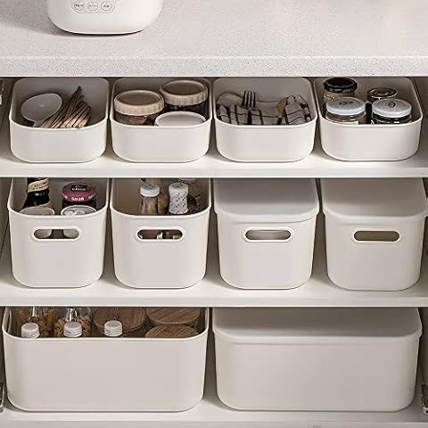 Plastic Storage Box, Set of 6 Storage Boxes with 4 Lids, Storage Basket with Handle, Versatile Storage Box for Bathroom, Kitchen, Office, Living Room Cover