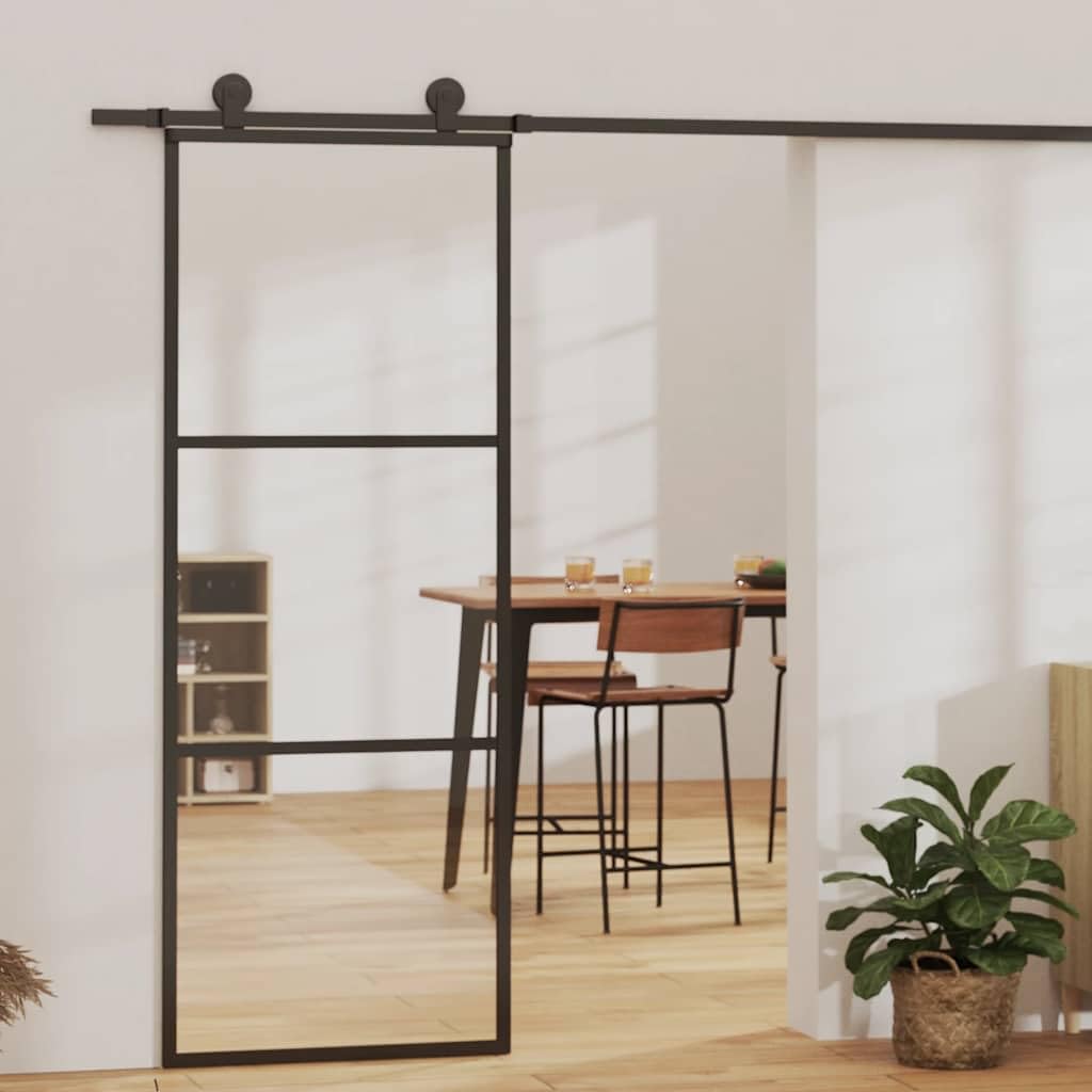 vidaXL Puerta corredera de 3 paneles ESG vidrio y aluminio negra 76x205 cm