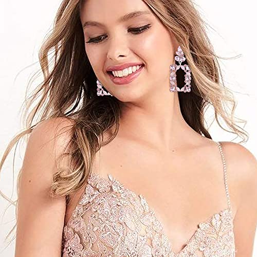Brilove Clip-On Dangle Earrings Art Deco Sparkly Rhinestone Marquise Teardrop Rectangle Geometric Statement Earrings For Women Pink Silver-Tone #TOP1