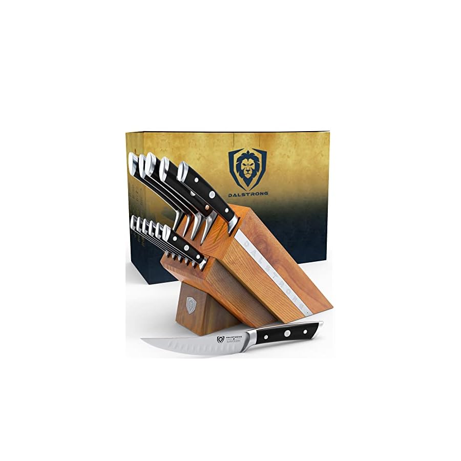 DALSTRONG-12-Piece-Knife-Block-Set-Gladiator-Series-Black-Handles-German-HC-Steel-Hand-made-Manchurian-Ash-Wood-Block-NSF-Certified DALSTRONG Gladiator Series Elite 12-Piece Stainless Steel Knife Set with Block