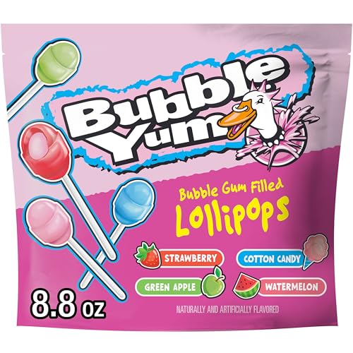 BUBBLE YUM Assorted Flavored Bubble Gum Filled Lollipops, Candy Bag, 8.8 oz