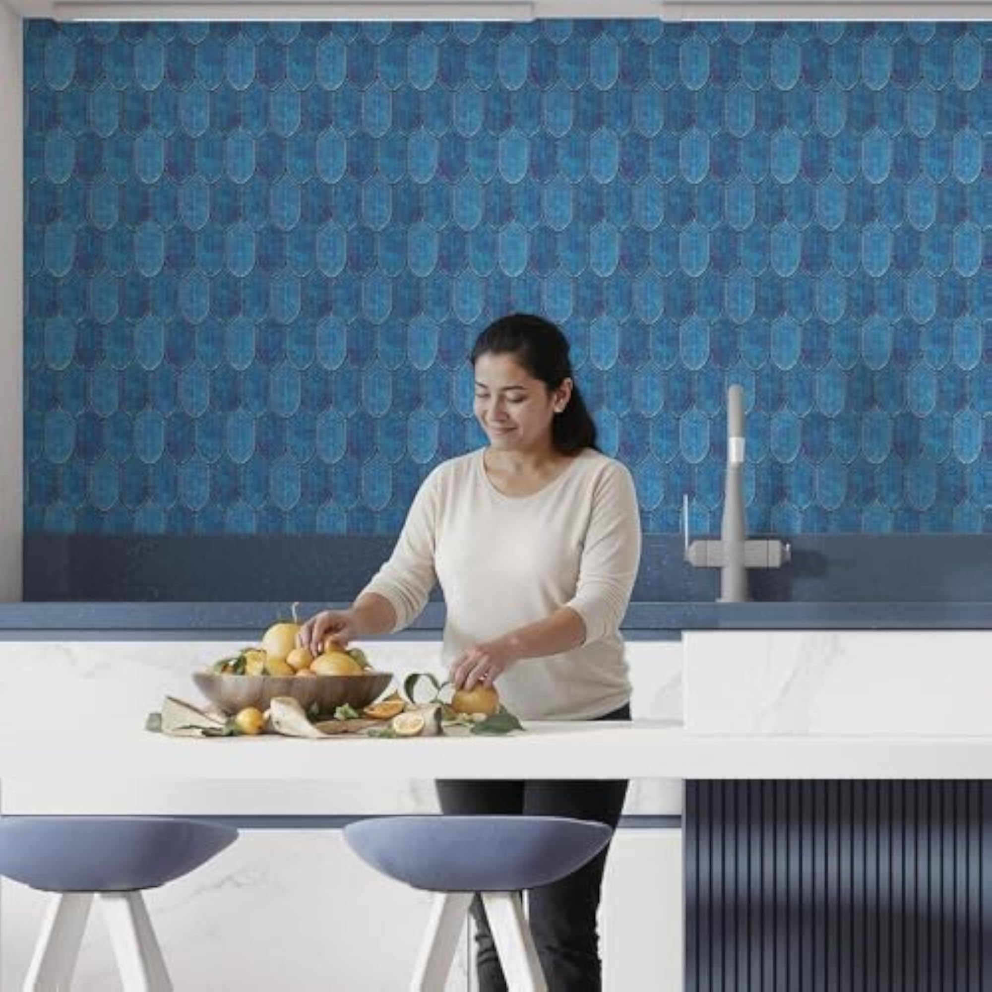 3D Ink Blue Leaf Peel & Stick Tiles, Easy DIY Adhesive Backsplash