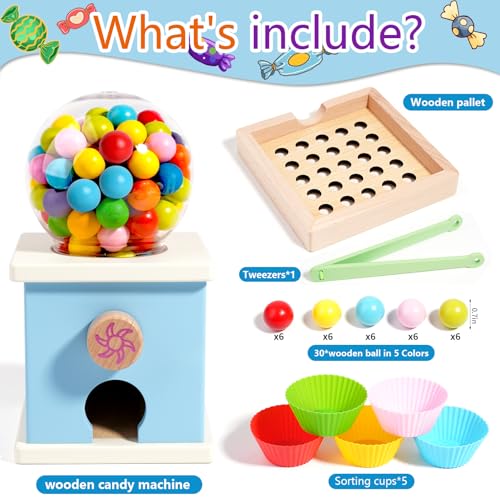 Image of 9.6 inch Wooden Gumball Machine For Kids Learning Color Sorting & Counting Toy | Toddler Preschool Learning Activities Toy for Kids Ages 3-5, Wood Preschool Learning Fine Motor Skills Game Toys