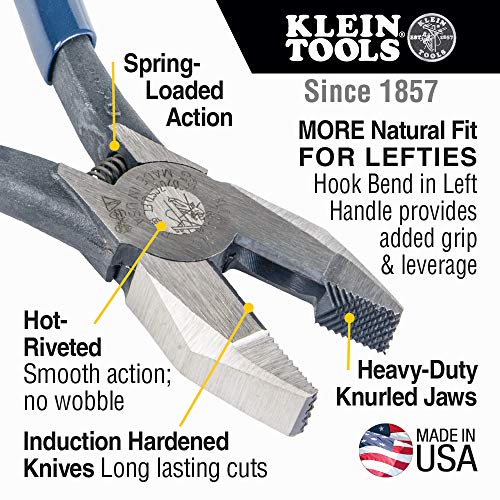 Klein Tools D201-7CSTLFT Ironworker Side Cutting Pliers to Twist and Cut Rebar Tie Wire, Left Handed and Spring Loaded, 9-Inch