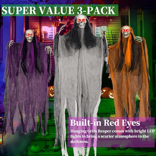 Image of Halloween Decorations,3 Pack Halloween Hanging Skeleton Ghosts with Lighted Up Eyes,Scary Colourful Cloth Grim Reapers for Indoor,Outside Yard Lawn,Haunted House Prop,Party Supplies