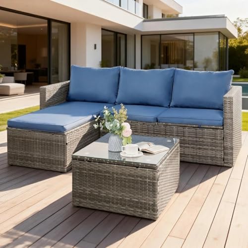 JAMFLY 3-Piece All-Season Wicker Patio Sectional Sofa Set with Coffee...