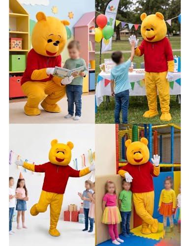 Image of BookMyCostume Friendly Bear Pooh Cartoon Mascot Costume For Theme Birthday Party & Events | Adults | Full Size Adults,Yellow,Fleece