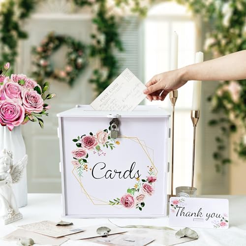 Image of OurWarm PVC White Wedding Card Box with Lock, DIY Gift Card Box for Wedding Reception, Pink Rose Wedding Money Envelope Box for Party Graduation Birthday Baby Shower Decorations
