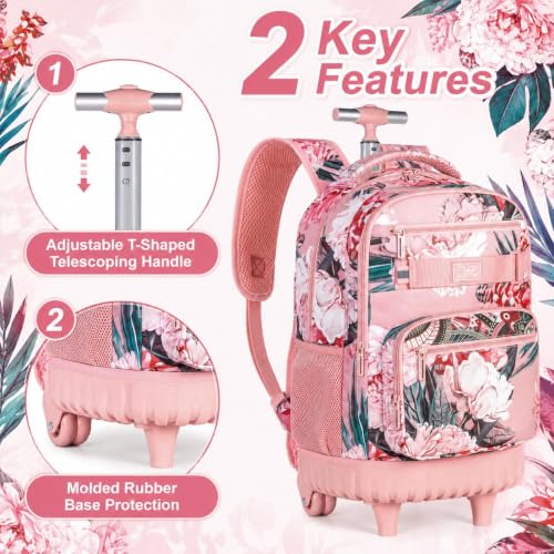 Image of 3Pcs Rolling Backpack for Girls Women, 19 Inche Adults Roller Bag with Wheels, Flower Wheeled Bookbag with Lunch Box(Pink)