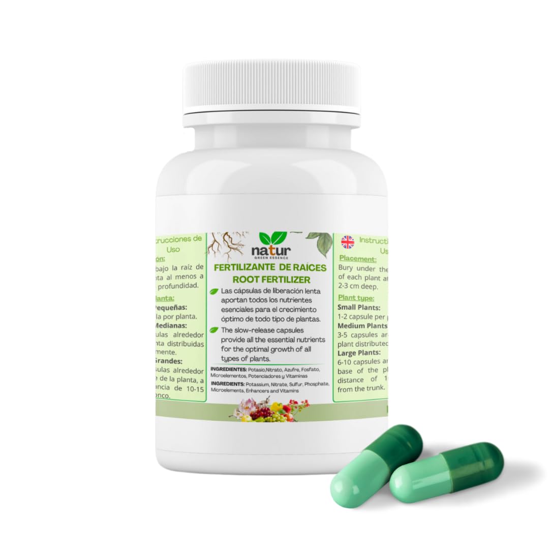 Natur Cápsulas de Abono para Raíces, Potenciador del Crecimiento, Abono Completo con todos los Nutrientes para Plantas de Interior, Exterior y Jardín, 100 Pastillas.