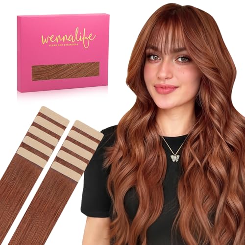 Image of WENNALIFE Tape in Hair Extensions Human Hair Cinnamon Copper Tape in Extensions, 10pcs 30g 26 inch Remy Invisible Tape Ins Straight Colored Soft Real Human Hair Tape in Extensions Refill Set Extens