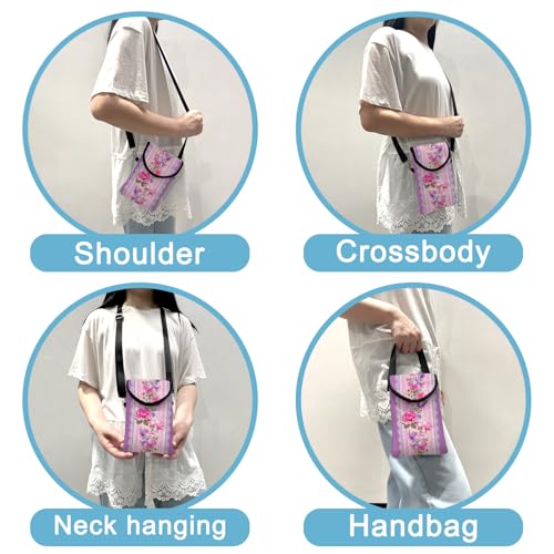 Image of Neoprene Cell Phone Sleeve Pouch Case Bag with Crossbody Strap Neck Lanyard for Women 7.5 X 4.3 in Pink Flower Wall
