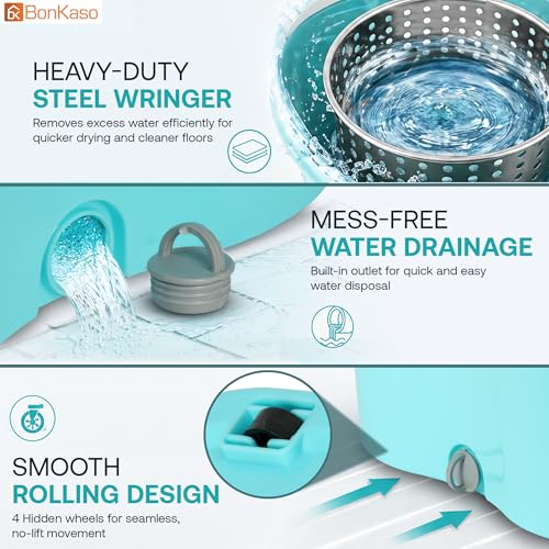 Image of BonKaso 360 Spin Round Mop Bucket Set with Removal Steel Wringer, Extendable Stainless Steel Handle & Microfiber Floor Cleaner for Tiles, Marble, Wooden & Hard Floors