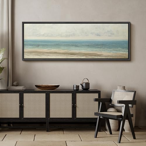 Image of MUDECOR Large Framed Canvas Print Wall Art Classic Coastal Shore Neutral Toned Seascape Antique Retro Ready to Hang Painting for Living Room Bedroom Multi-Sizes - 60 inchx20 inch