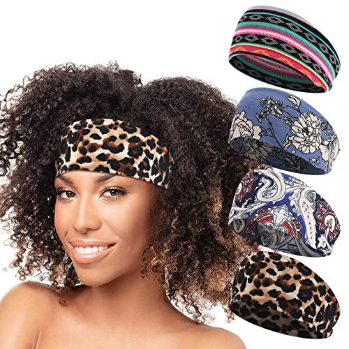 Molain 4Pcs Wide Headbands for Women Boho Bandeau Elastic Headwraps Turbans No-slip Yoga Sports Head Bands Elastic Hair Scarf Hairband Stretch Bandanas Hair Accessories for Girls